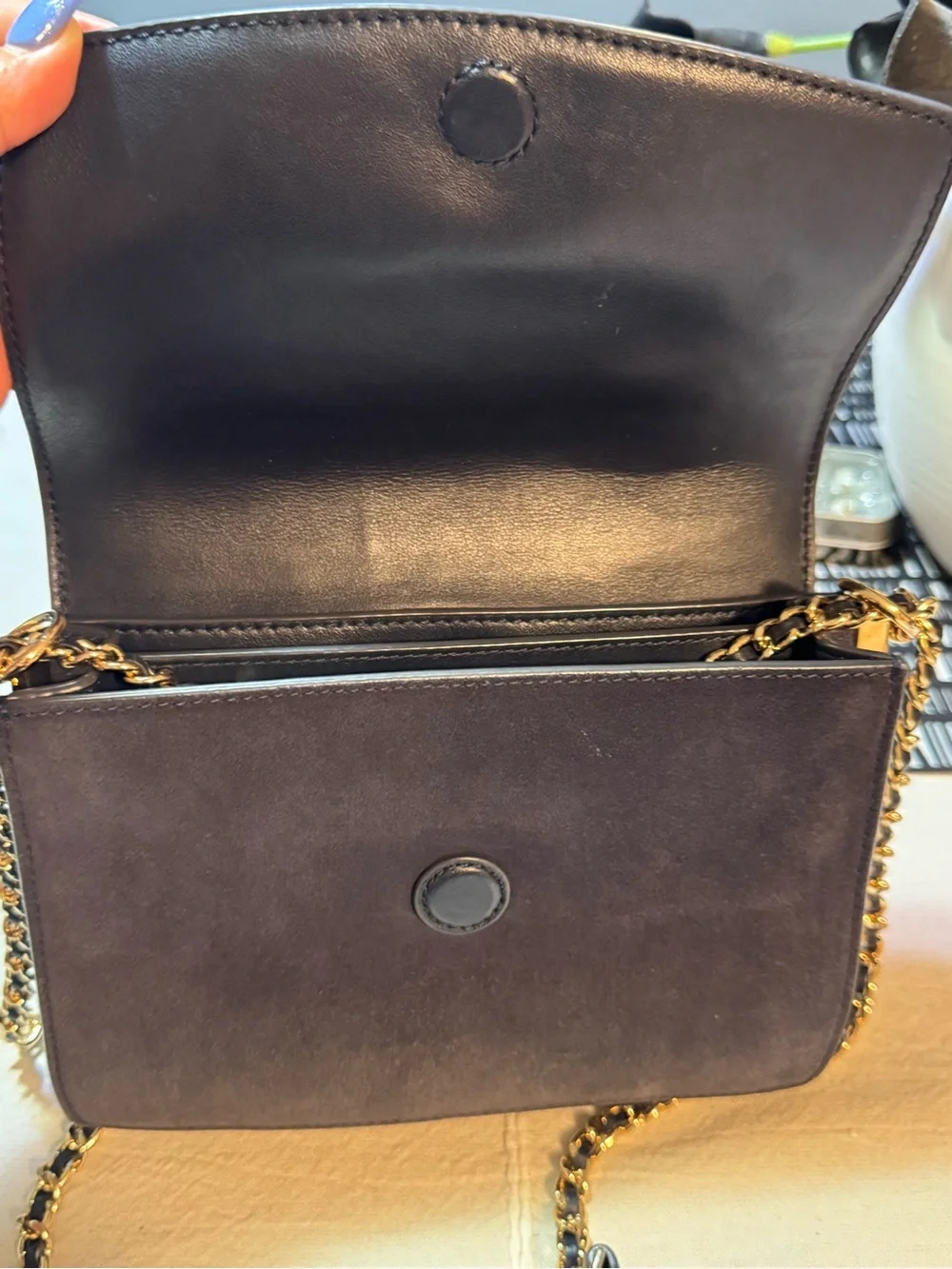 Tory Burch navy blue Floral Embroidered Crossbody with Gold Chain